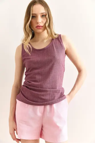 Women Rose Tan U Neck Ribbed Textured Blouse BLZ-19 