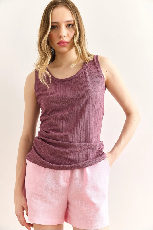 Women Rose Tan U Neck Ribbed Textured Blouse BLZ-19 - 1