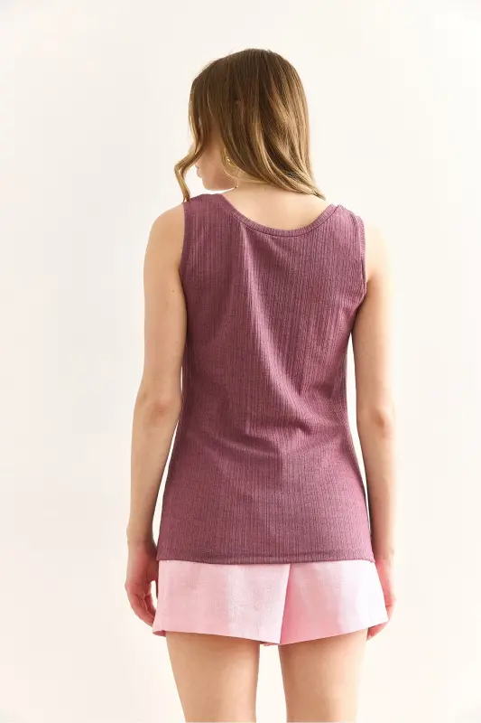 Women Rose Tan U Neck Ribbed Textured Blouse BLZ-19 - 2