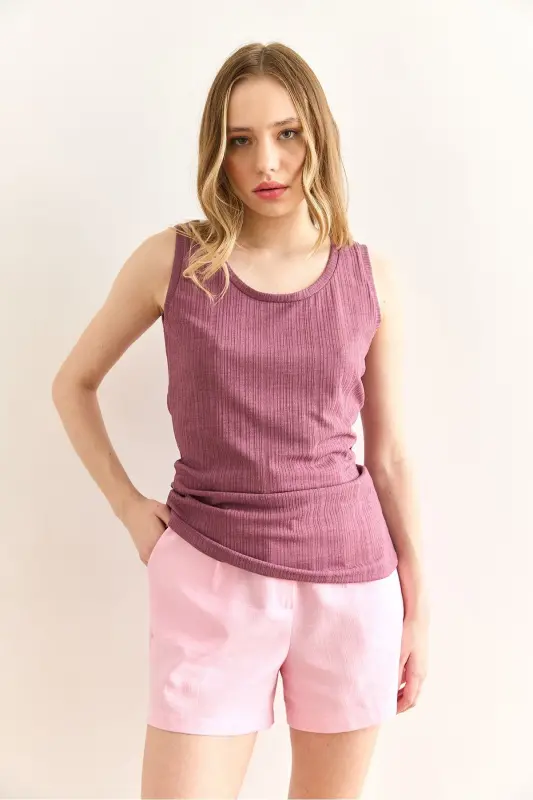 Women Rose Tan U Neck Ribbed Textured Blouse BLZ-19 - 3