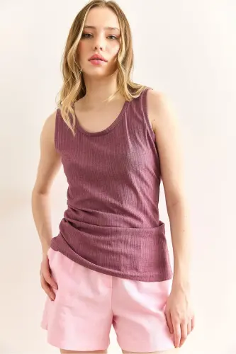 Women Rose Tan U Neck Ribbed Textured Blouse BLZ-19 - 4