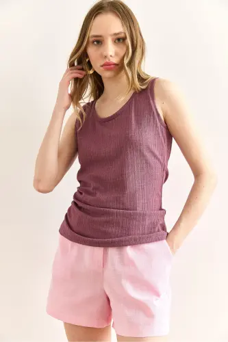 Women Rose Tan U Neck Ribbed Textured Blouse BLZ-19 - 5