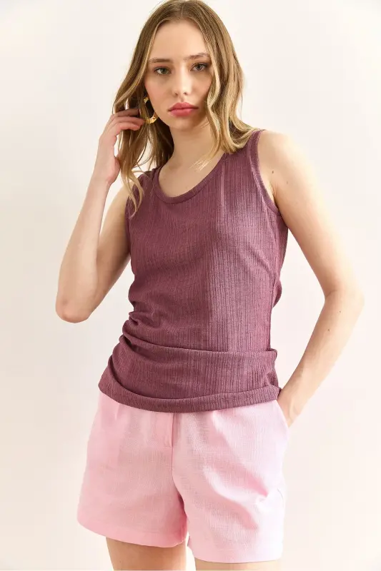 Women Rose Tan U Neck Ribbed Textured Blouse BLZ-19 - 5