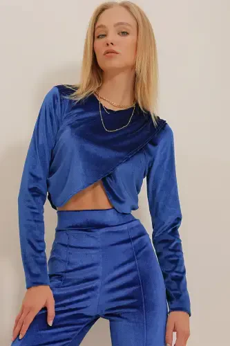 Women Sax Bicycle Collar Wrap Velvet Crop Blouse ALC-X10947-Sax - 1