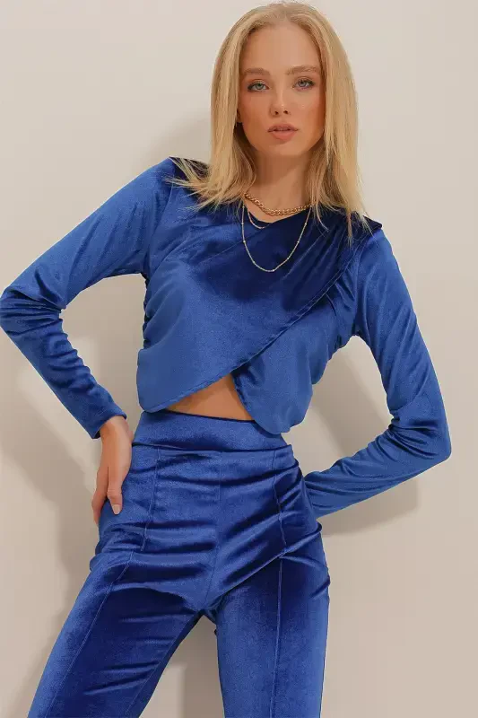 Women Sax Bicycle Collar Wrap Velvet Crop Blouse ALC-X10947-Sax - 2