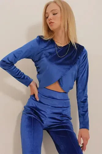 Women Sax Bicycle Collar Wrap Velvet Crop Blouse ALC-X10947-Sax - 3