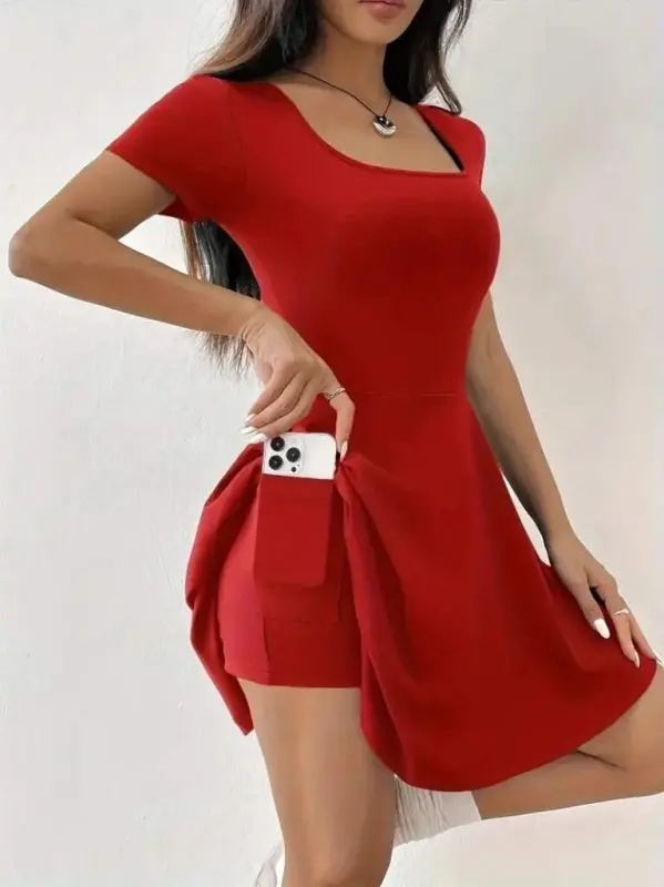 Women Short Sleeve Square Neck Short Detailed Pocketed Scuba Dress - 4