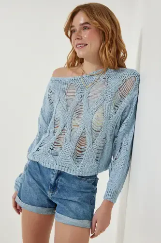 Women Sky Blue Boat Neck Seasonal Knitted Knitwear Sweater MW00134-Sky Blue - HAPPINESS İSTANBUL (1)
