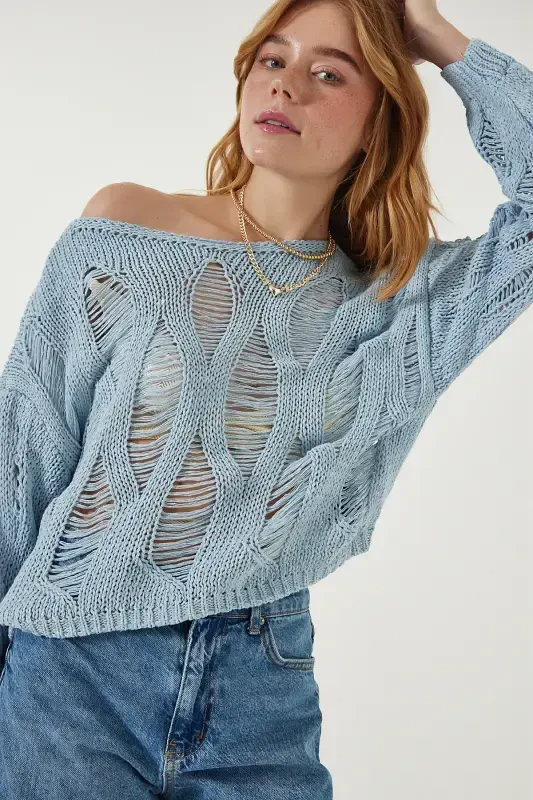 Women Sky Blue Boat Neck Seasonal Knitted Knitwear Sweater MW00134-Sky Blue - 3
