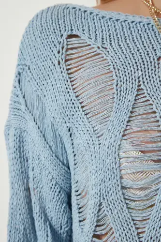 Women Sky Blue Boat Neck Seasonal Knitted Knitwear Sweater MW00134-Sky Blue - 4