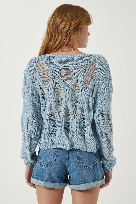 Women Sky Blue Boat Neck Seasonal Knitted Knitwear Sweater MW00134-Sky Blue - 5