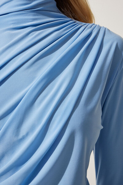 Women Sky Blue Gathered Detail Stand Up Collar Sandy Blouse FF00135 - 5