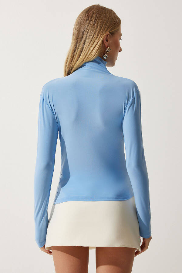 Women Sky Blue Gathered Detail Stand Up Collar Sandy Blouse FF00135 - 6