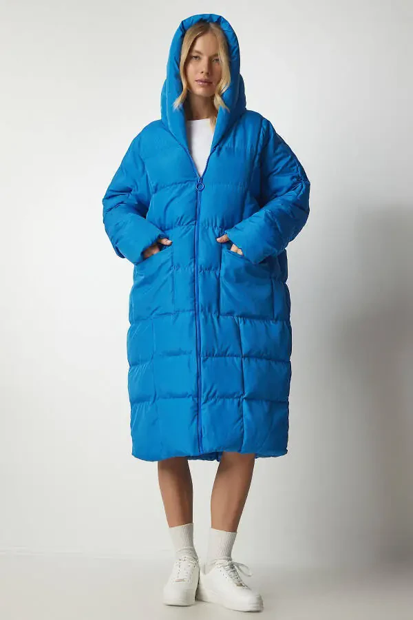 Women Sky Blue Hooded Oversize Long Puffer Coat - 1