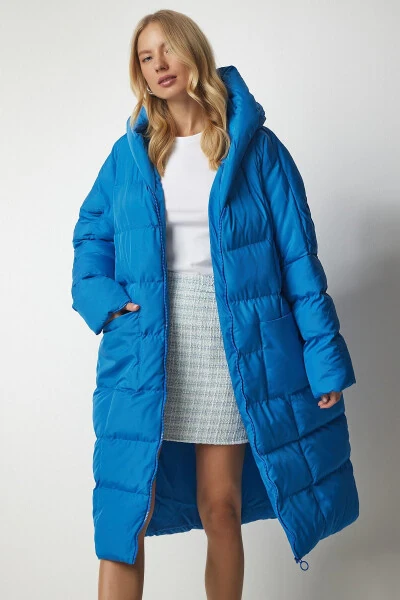 Women Sky Blue Hooded Oversize Long Puffer Coat - HAPPINESS İSTANBUL (1)