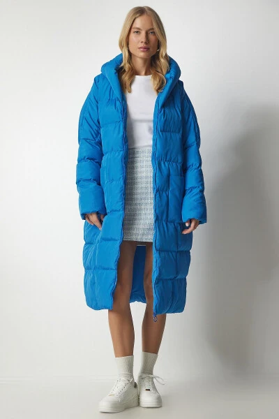 Women Sky Blue Hooded Oversize Long Puffer Coat - 3