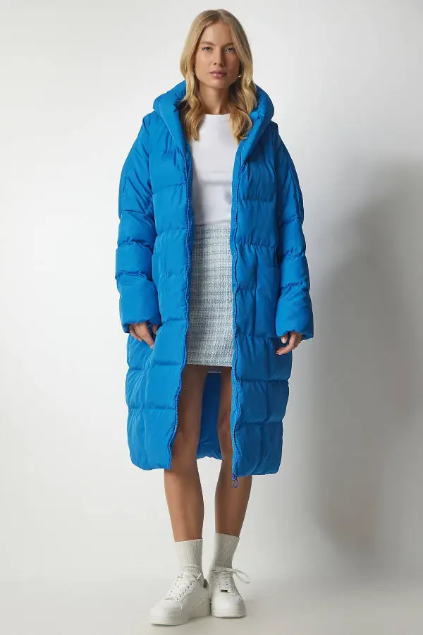 Women Sky Blue Hooded Oversize Long Puffer Coat - 3