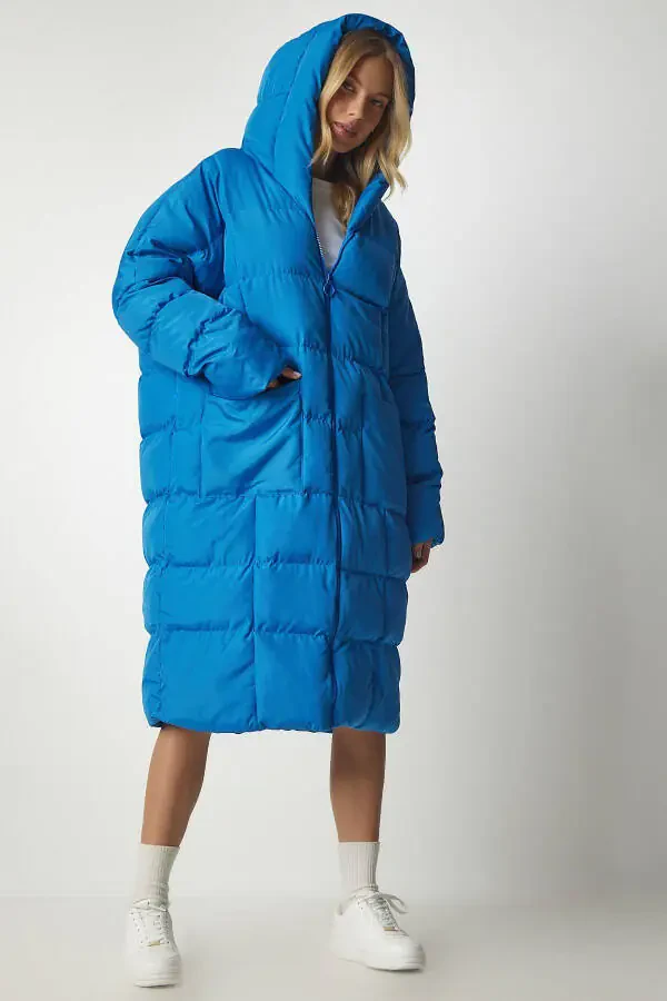 Women Sky Blue Hooded Oversize Long Puffer Coat - 4