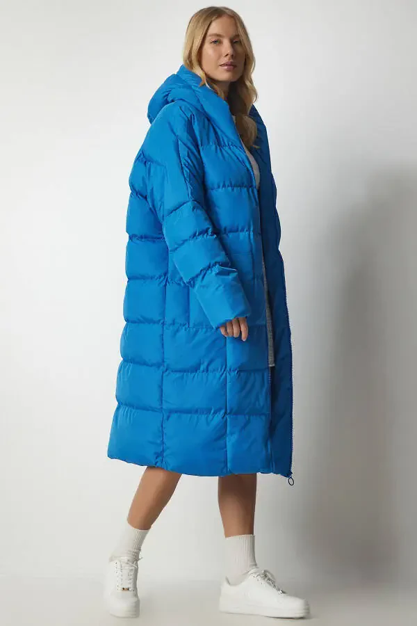 Women Sky Blue Hooded Oversize Long Puffer Coat - 5