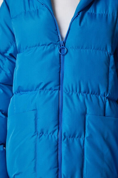 Women Sky Blue Hooded Oversize Long Puffer Coat - 6