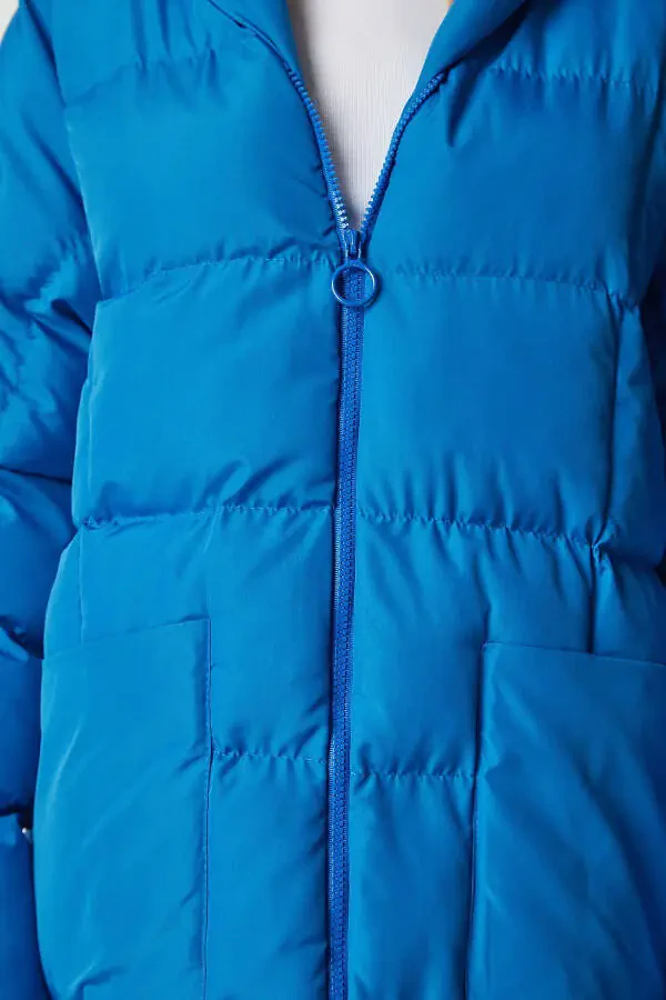 Women Sky Blue Hooded Oversize Long Puffer Coat - 6