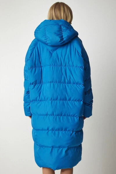 Women Sky Blue Hooded Oversize Long Puffer Coat - 7