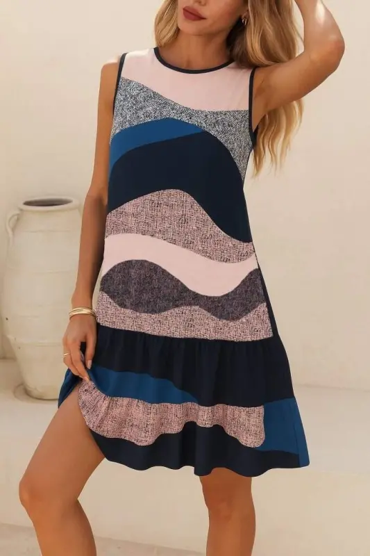 Women Sleeveless Back Tie Ruffle Leopard Print Scuba Dress - BÜYÜKBEDENIZ
