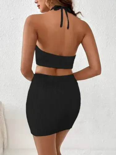 Women Sleeveless Mini Erer Crop Knitted Set - 3