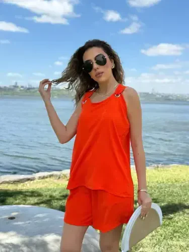 Women Sleeveless V Neck Birdseye Detail Blouse Short Aerobin Two Piece Set - 1