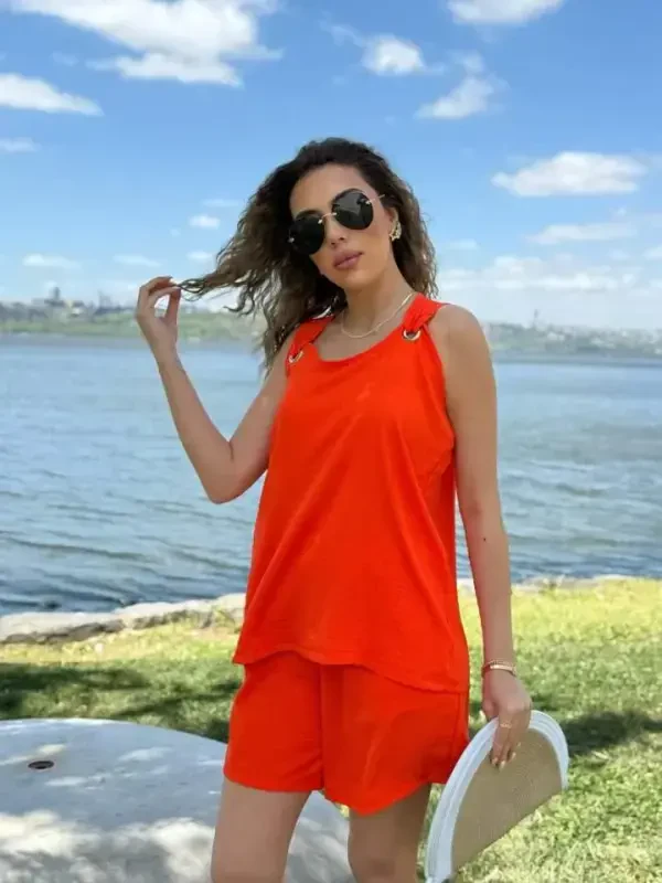 Women Sleeveless V Neck Birdseye Detail Blouse Short Aerobin Two Piece Set - BÜYÜKBEDENIZ