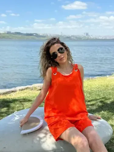 Women Sleeveless V Neck Birdseye Detail Blouse Short Aerobin Two Piece Set - BÜYÜKBEDENIZ (1)