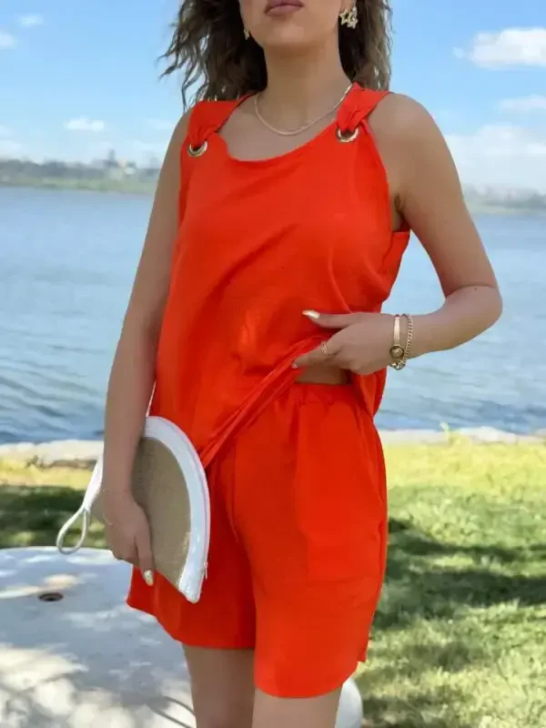 Women Sleeveless V Neck Birdseye Detail Blouse Short Aerobin Two Piece Set - 5