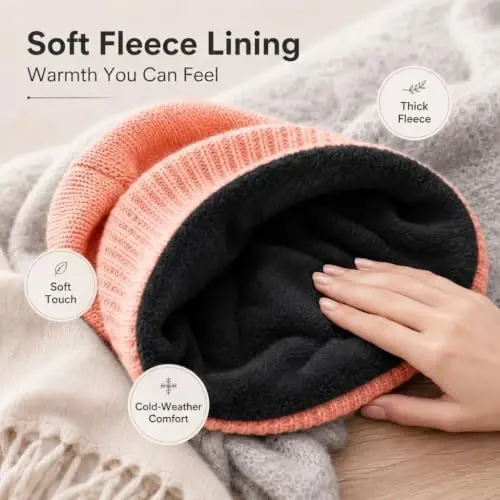 Women Slouchy Knit Hat Winter Warm Fleece Lined Beanie Hat Stretchy Skull Cap with Visor Brim - 3