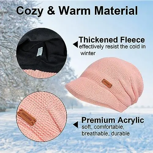 Women Slouchy Knit Hat Winter Warm Fleece Lined Beanie Hat Stretchy Skull Cap with Visor Brim - 3