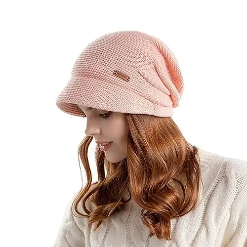 Women Slouchy Knit Hat Winter Warm Fleece Lined Beanie Hat Stretchy Skull Cap with Visor Brim - 5