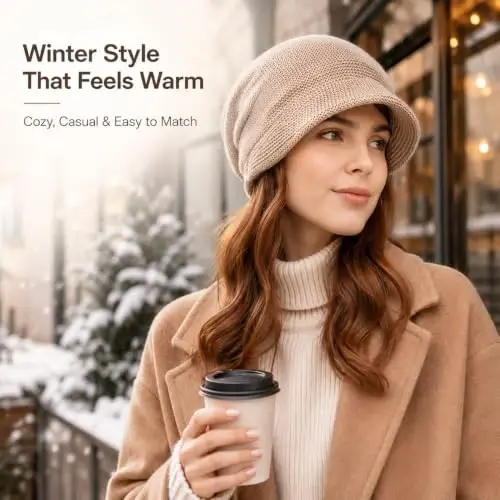 Women Slouchy Knit Hat Winter Warm Fleece Lined Beanie Hat Stretchy Skull Cap with Visor Brim - WOMEN (1)