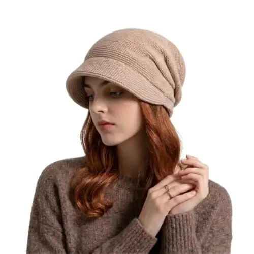 Women Slouchy Knit Hat Winter Warm Fleece Lined Beanie Hat Stretchy Skull Cap with Visor Brim - 1