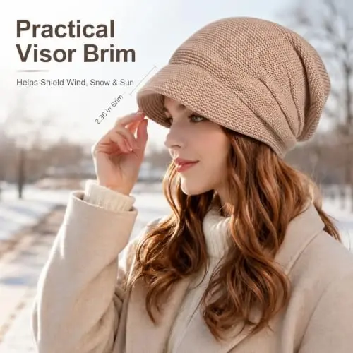 Women Slouchy Knit Hat Winter Warm Fleece Lined Beanie Hat Stretchy Skull Cap with Visor Brim - 4