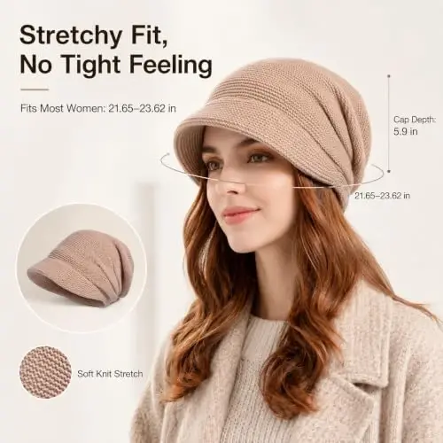 Women Slouchy Knit Hat Winter Warm Fleece Lined Beanie Hat Stretchy Skull Cap with Visor Brim - 5
