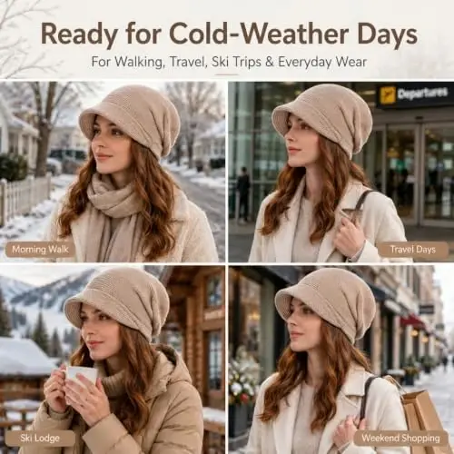 Women Slouchy Knit Hat Winter Warm Fleece Lined Beanie Hat Stretchy Skull Cap with Visor Brim - 6