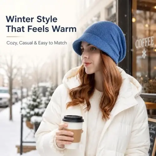 Women Slouchy Knit Hat Winter Warm Fleece Lined Beanie Hat Stretchy Skull Cap with Visor Brim - WOMEN (1)