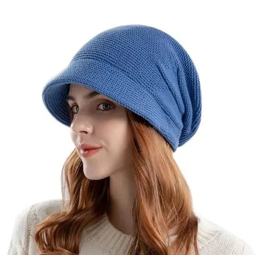 Women Slouchy Knit Hat Winter Warm Fleece Lined Beanie Hat Stretchy Skull Cap with Visor Brim - 1