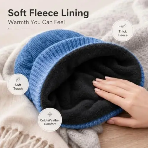 Women Slouchy Knit Hat Winter Warm Fleece Lined Beanie Hat Stretchy Skull Cap with Visor Brim - 3