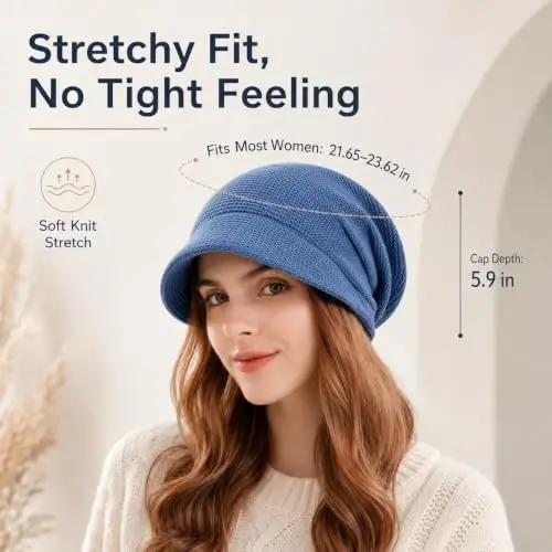 Women Slouchy Knit Hat Winter Warm Fleece Lined Beanie Hat Stretchy Skull Cap with Visor Brim - 4
