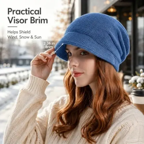 Women Slouchy Knit Hat Winter Warm Fleece Lined Beanie Hat Stretchy Skull Cap with Visor Brim - 5