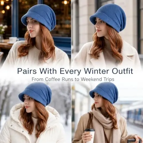 Women Slouchy Knit Hat Winter Warm Fleece Lined Beanie Hat Stretchy Skull Cap with Visor Brim - 6