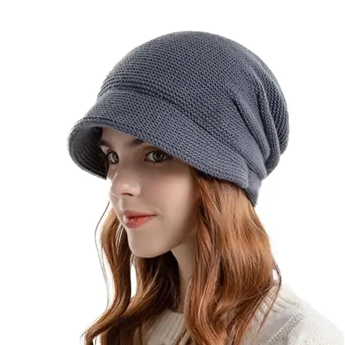 Women Slouchy Knit Hat Winter Warm Fleece Lined Beanie Hat Stretchy Skull Cap with Visor Brim - WOMEN