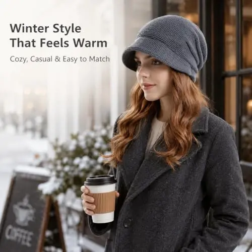 Women Slouchy Knit Hat Winter Warm Fleece Lined Beanie Hat Stretchy Skull Cap with Visor Brim - WOMEN (1)