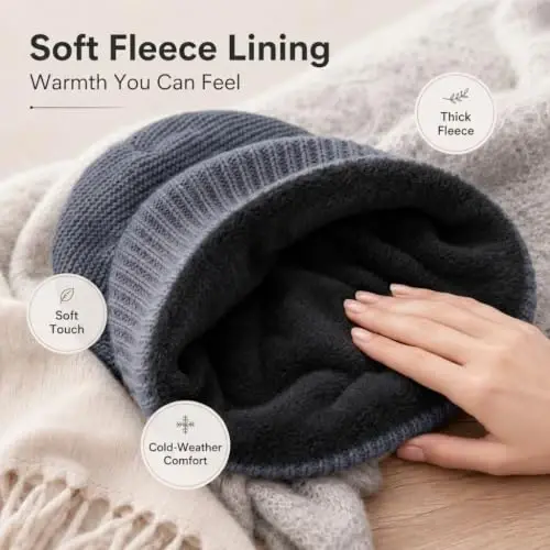 Women Slouchy Knit Hat Winter Warm Fleece Lined Beanie Hat Stretchy Skull Cap with Visor Brim - 3