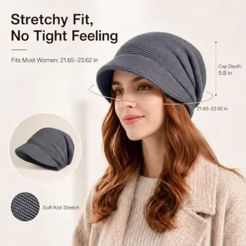 Women Slouchy Knit Hat Winter Warm Fleece Lined Beanie Hat Stretchy Skull Cap with Visor Brim - 4